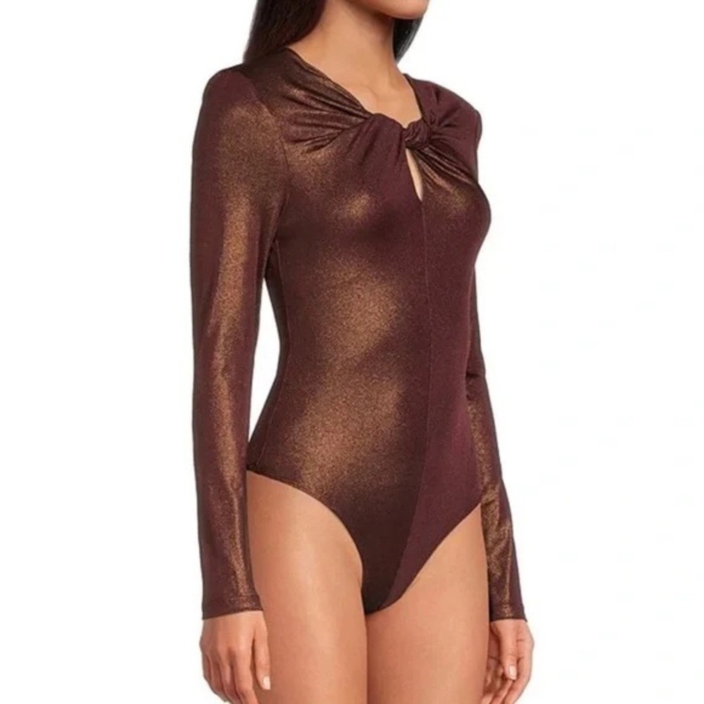 ASTR The Label‎ Metallic Bodysuit Burgundy Gold Long Sleeve Keyhole XS